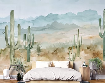 Wüsten Kaktus Wandbild - Südwestern Berge Boho Wallpaper Vn1006