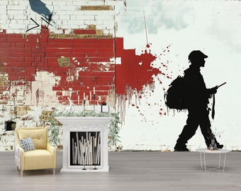 Mural de grafiti urbano / Impresión de siluetas de arte callejero / Decoración industrial moderna para sala de estar u oficina Vn738