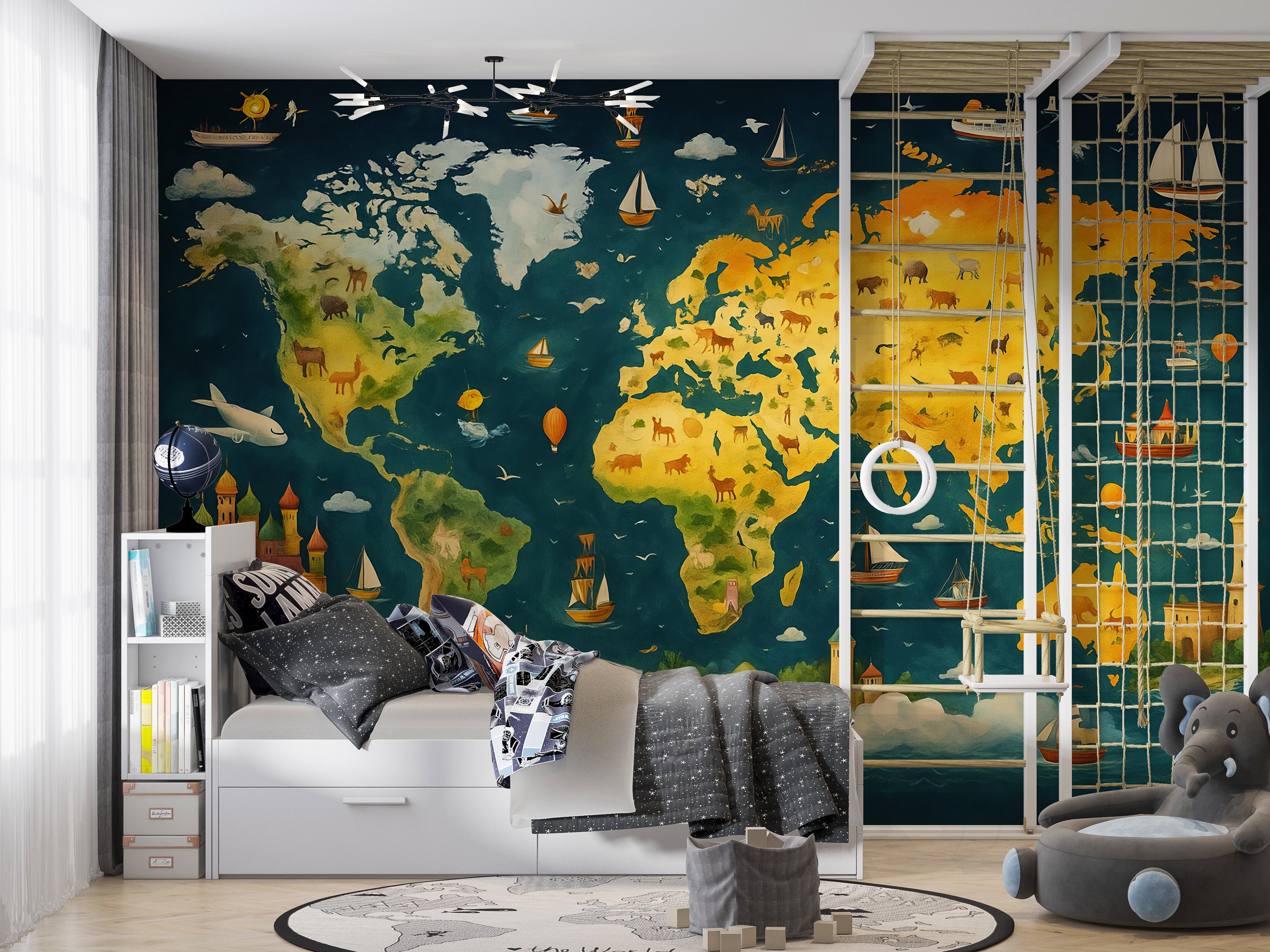 World Map Kids Wall Mural | Educational Wallpaper | Adventure Theme ...