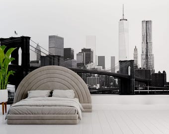 Brooklyn Bridge Wall Mural – NYC Skyline Black White Wallpaper, Modern City Art Vn886