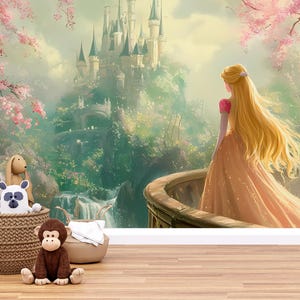 Princess Castle Wall Mural – Fairytale Girl Room Decor, Fantasy Castle Wallpaper for Nursery or Kids Room Vn092