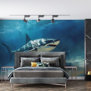 Shark Wall Mural for Bedroom – Ocean Underwater Theme – Great White Shark Art Wallpaper – Cool Boys Room Decor – Large Sea Life Mural Vn387