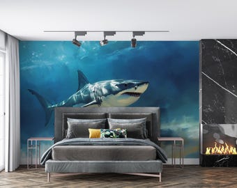 寝室用サメ壁画 – 海の水中テーマ – ホホジロザメアート壁紙 – クール