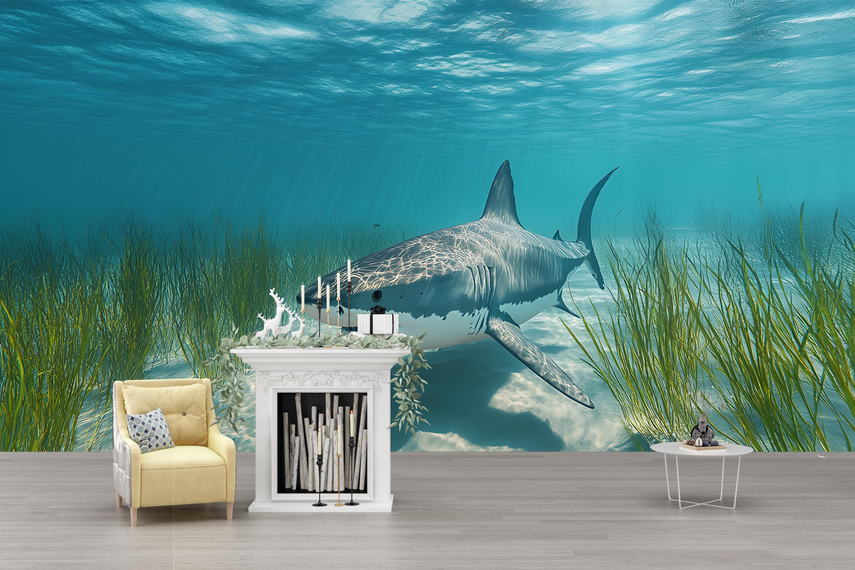 水中サメの壁画 - ホオジロザメのリアルな海の壁紙 - 3Dの海の風景の