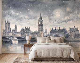 London Palace & Big Ben Watercolor Wallpaper, Moonlit London Skyline, Thames River Wall Mural, British Architecture Decor 475DE