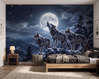 Wolf Wallpaper | Howling Wolves Under Full Moon | Wildlife Wall Mural | Woodland Nursery Decor | Mountain Wolf Wall Art 474DE