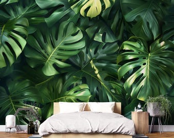 Arte mural con hojas de monstera: impresión de vegetación tropical, decoración botánica para sala de estar, dormitorio u oficina Vn1061