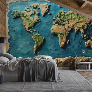 3D Weltkarte Wandbild | Texturierte Erdkarte Wallpaper | Rustikales Reise Schlafzimmer Dekor | Große Topographische Kartenkunst Vn421