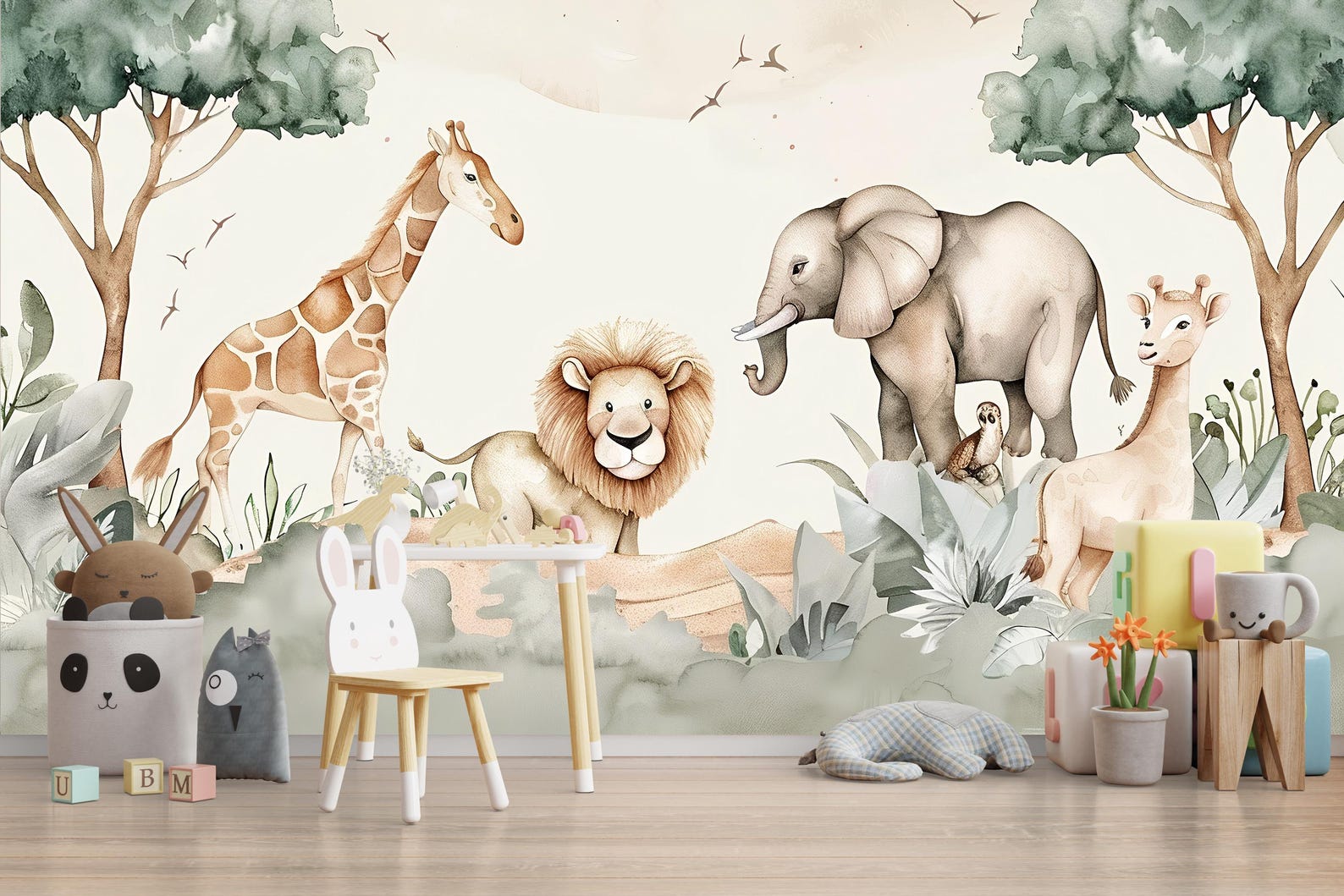 Safari Nursery Wall Mural | Jungle Animal Wallpaper Kids Room Vn1038 - Etsy