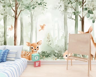 Muurschildering kinderkamer bosdieren – behang bos herten – babykamerdecoratie – verwijderbare kindermuurkunst – genderneutraal kinderkamer