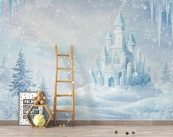 Bevroren ijskasteelbehang | Aquarel Winter Wonderland muurschildering | Crystal Snow Palace kinderkamerdecoratie | Magische sprookjeskunst 161DE