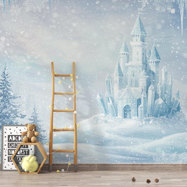 Frozen Ice Castle Wallpaper | Watercolor Winter Wonderland Wall Mural | Crystal Snow Palace Kids Room Decor | Magical Fairytale Art 161DE