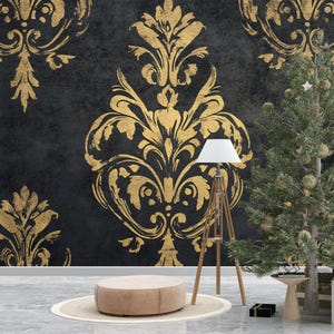 Luxury Baroque Black & Gold Damask Wallpaper – Elegant Textured Wall Mural Vn639
