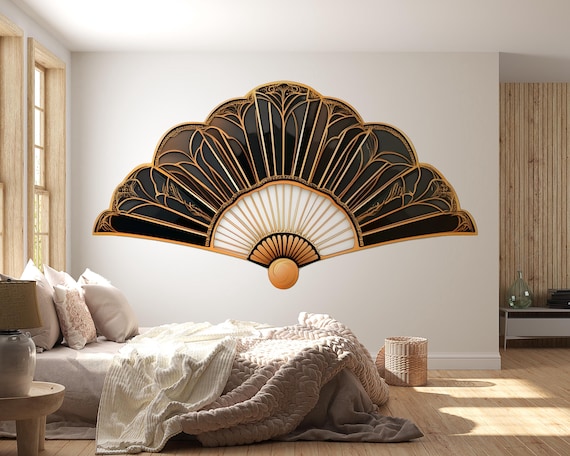 Art Deco Fan Wall Art, Black Gold Wall Decor, Japanese Fan Art