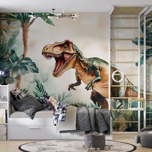 Dinosaur Wall Mural for Kids Room – T-Rex Jungle Wallpaper – Boys Nursery Wall Art – Prehistoric Safari Theme Décor Vn408