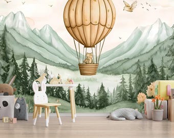 Wunderliche Bär Heißluftballon Kinderzimmer Wandbild - Wald Berge Tapete für Kinderzimmer Dekor Vn447