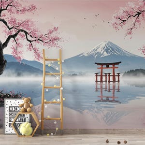 May include: A scenic wall mural depicting a Japanese landscape with Mount Fuji, a red torii gate, and cherry blossoms. The scene includes a lake, mountains, and a wooden ladder with string lights.