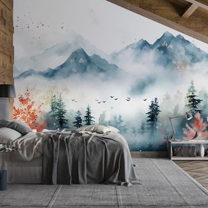 Watercolor Mountain Forest Wall Mural – Scenic Nature Bedroom Wallpaper – Misty Mountains Landscape Art – Removable Peel & Stick Vn698