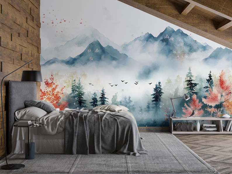 Watercolor Mountain Forest Wall Mural – Scenic Nature Bedroom Wallpaper ...