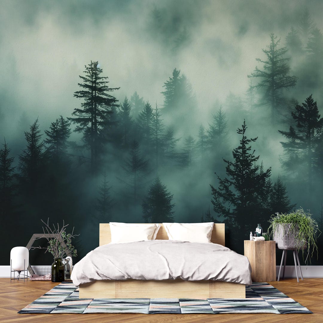 Misty Forest Wall Mural – Dark Green Woodland Wallpaper, Foggy Pine ...