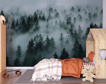 Misty Forest Wall Mural – Dark Green Woodland Wallpaper, Nature Landscape Accent Wall Decor for Bedroom or Living Room Vn1071