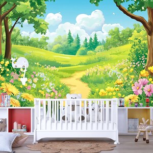 Mural de pared con un bosque pintoresco y prado para habitación infantil: papel pintado con paisajes naturales de dibujos animados para la decoración de la habitación infantil o sala de juegos Vn618