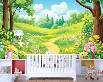 Whimsical Forest Meadow Wall Mural for Kids Room – Nature Cartoon Landscape Wallpaper for Nursery or Playroom Decor Vn618