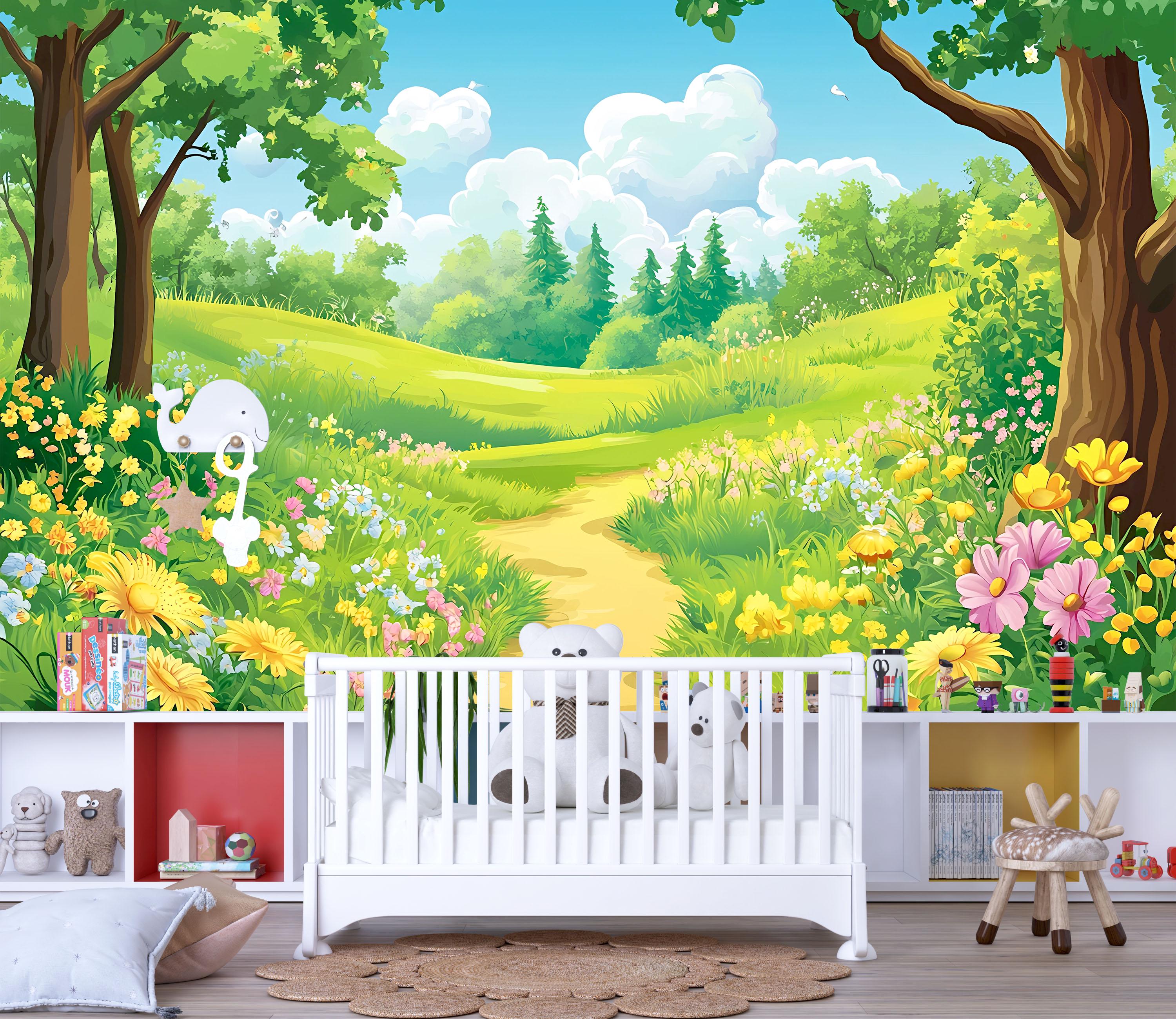 Mural de pared con un bosque pintoresco y prado para habitación infantil:  papel pintado con paisajes naturales de dibujos animados para la decoración  de la habitación infantil o sala de juegos Vn618 - Etsy México, image size:3000x2600