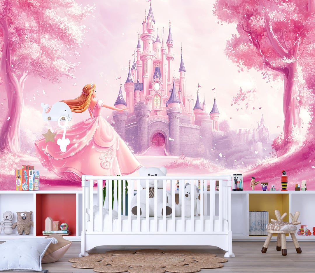 Pink Princess Castle Wall Mural – Fairytale Girl’s Room Decor ...