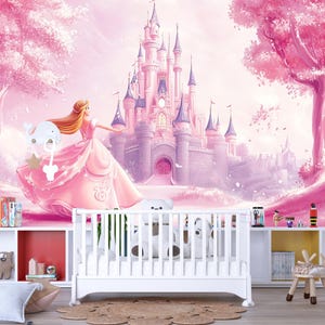 Pink Princess Castle Wall Mural – Fairytale Girl’s Room Decor, Removable Wallpaper for Nursery or Playroom Vn359