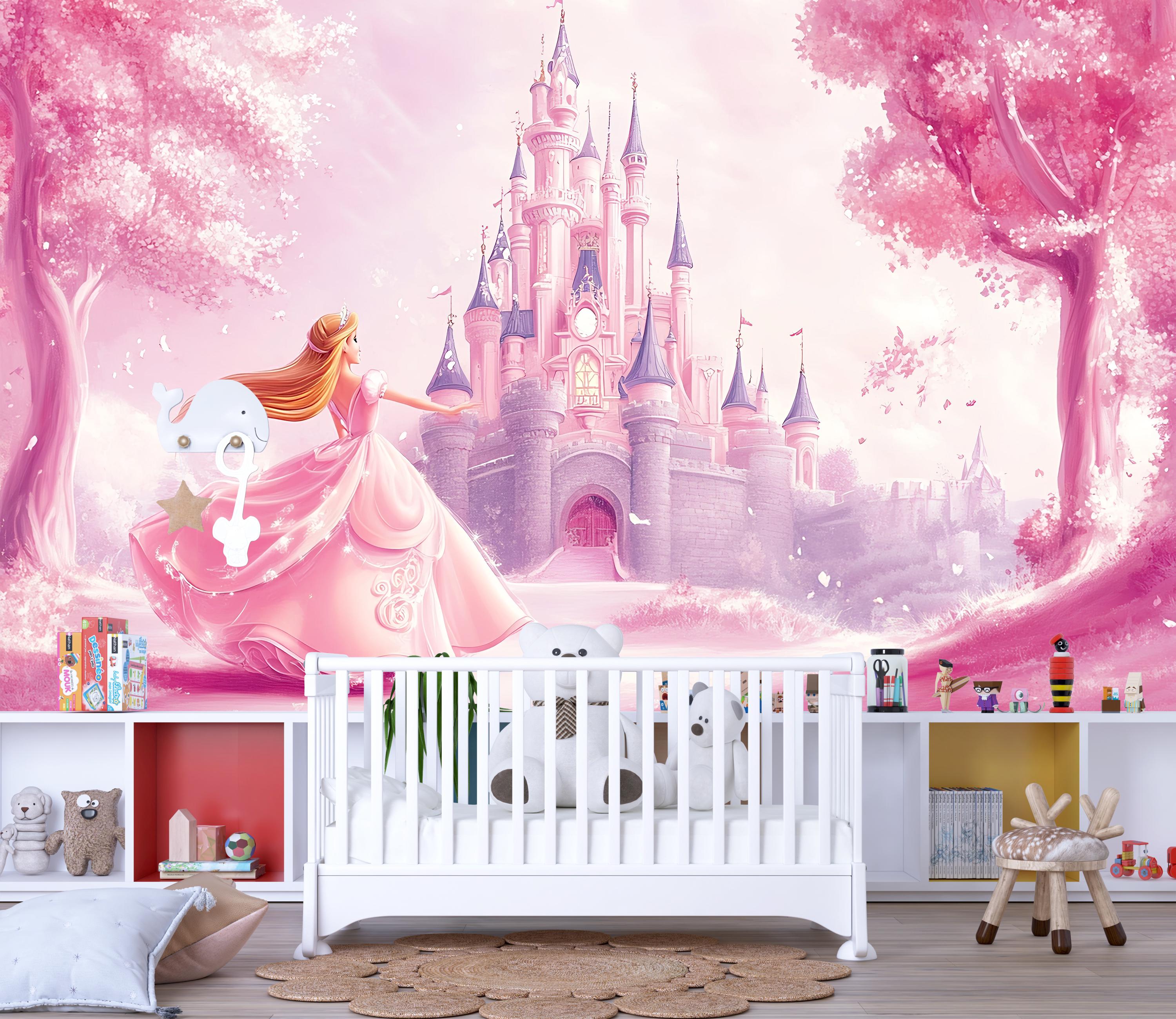 Pink Princess Castle Wall Mural – Fairytale Girl’s Room Decor ...