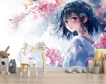 水彩画 暖かな部屋で眠る小鳥　値段は※900円です 水彩画風アニメガール壁画 - 子供部屋に最適なソフトパステル調の日本