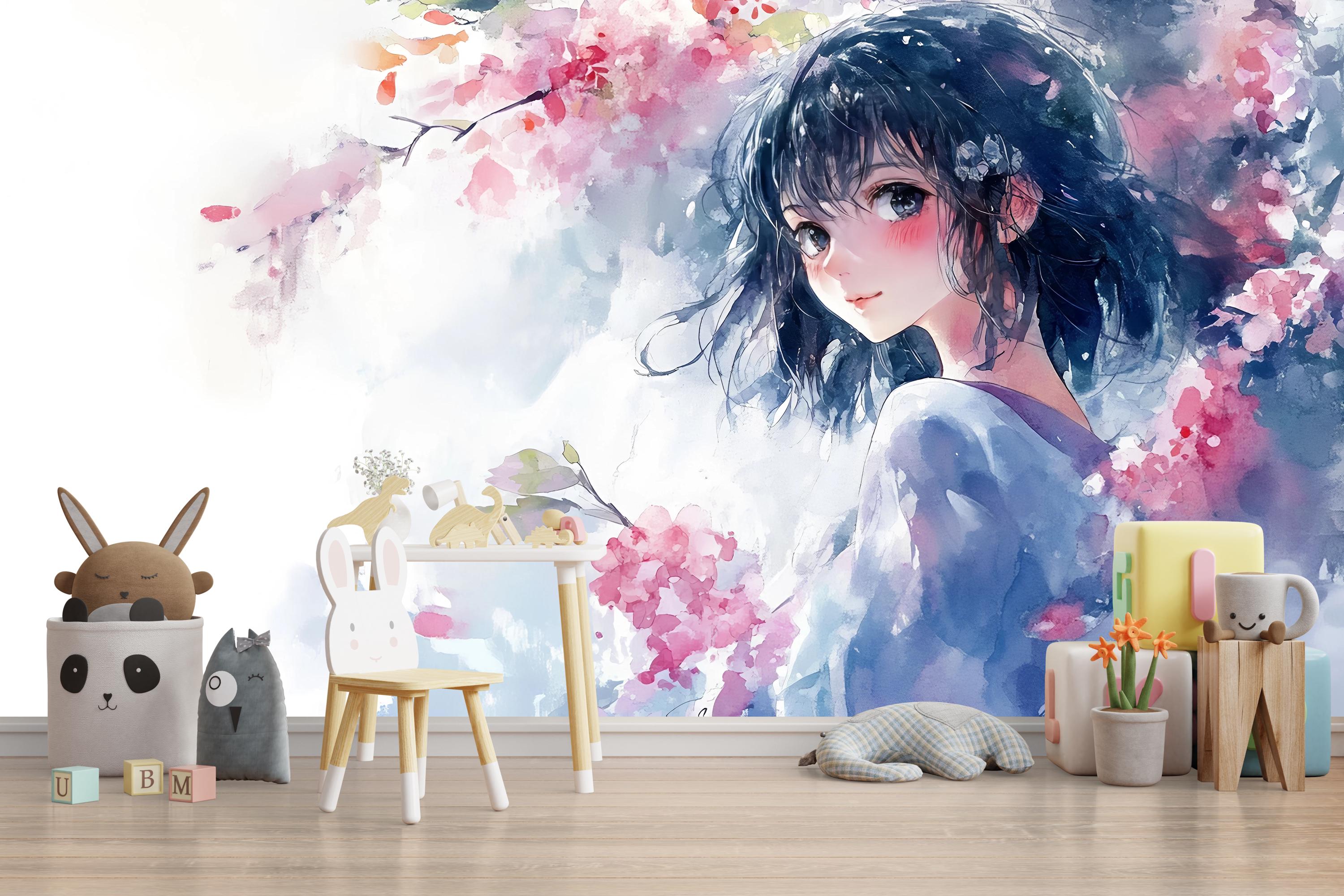 水彩画風アニメガール壁画 - 子供部屋に最適なソフトパステル調の日本