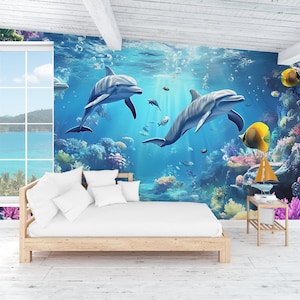 Carta da parati murale con delfini sottomarini – Carta da parati 3D con vita marina per cameretta dei bambini o casa sulla spiaggia – Decorazione a tema marino con barriera corallina Vn011