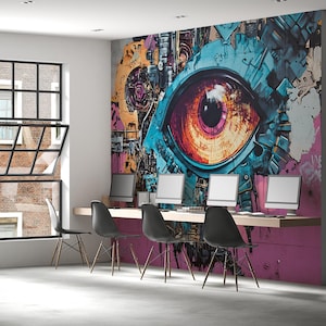 Cyberpunk Eye Wall Mural, Graffiti Tech Art Wallpaper, Futuristic Industrial Office Decor, Modern Creative Workspace Accent Wall Vn204