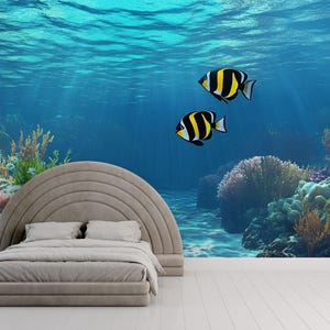 Underwater Ocean Wall Mural | 3D Coral Reef Wallpaper | Tropical Fish Sea Scene Bedroom Decor | Removable Undersea Wall Art Vn595