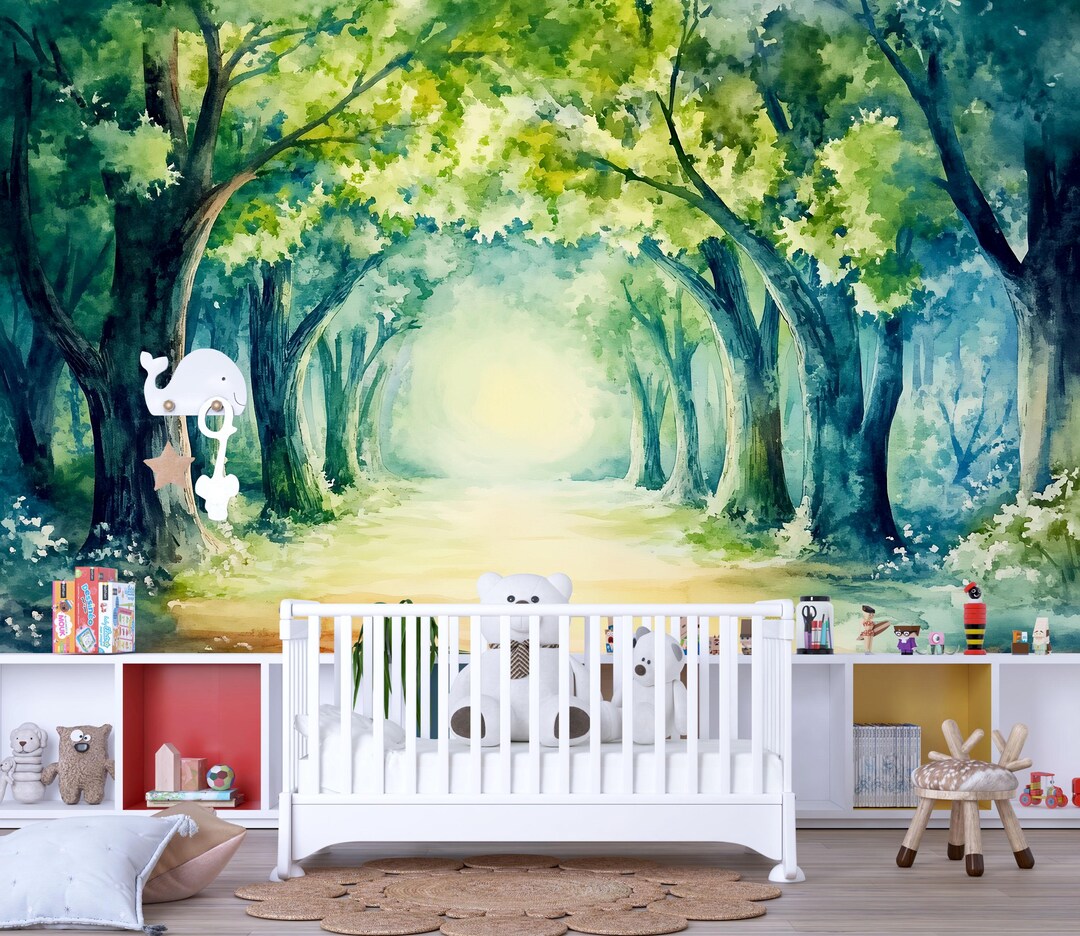 Forest Wonderland Nursery Wall Mural – Watercolor Woodland Trees ...