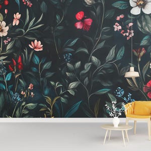 Dark Floral Wall Mural – Moody Botanical Wallpaper – Vintage Flower Accent Wall for Living Room or Bedroom Vn183