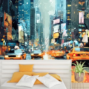 NYC Taxi Street Wall Mural – Urban Rain Cityscape Art for Bedroom or Loft Décor Vn368