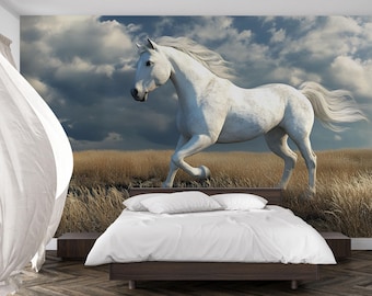 White Horse Wall Mural – Majestic Stallion Running in Field Wallpaper for Bedroom or Nursery Vn784