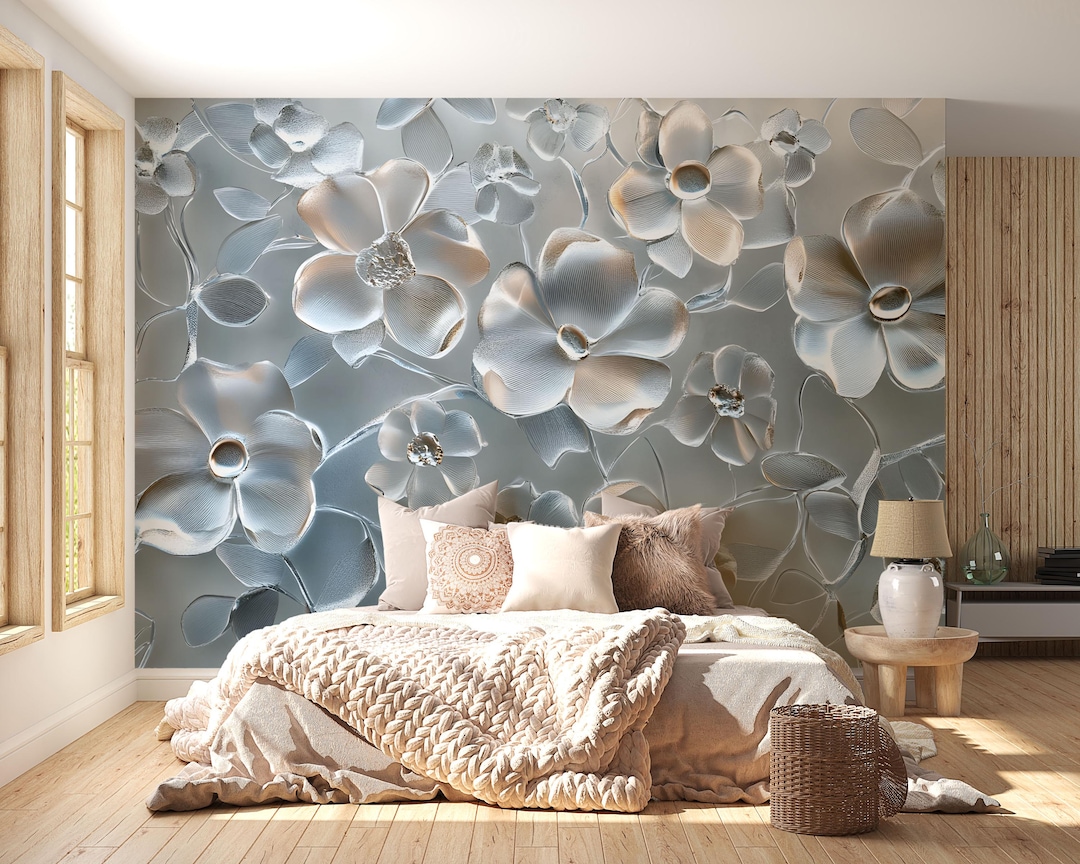 3D Floral Wall Mural for Bedroom – Elegant Blue and White Flower ...