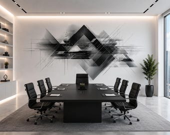 Abstract Geometric Wall Mural, Modern Office Wallpaper, Black Gray Conference Room Decor, Corporate Workspace Wall Art, 669mv