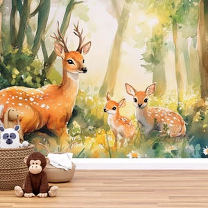 Whimsical Deer Forest Wall Mural for Kids Room – Woodland Nursery Wallpaper – Baby Room Animal Art – Removable Peel and Stick Vn336