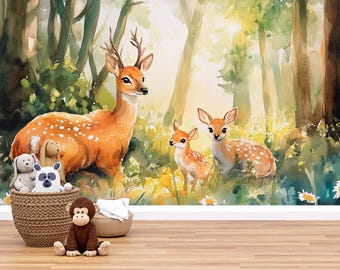 子供部屋に最適な森の鹿の壁紙 – 保育園やプレイルームに最適な森の