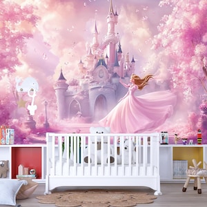Princess Castle Wall Mural - Pink Fairy Tale Wallpaper for Girls Bedroom, Fantasy Castle Nursery Decor Vn366