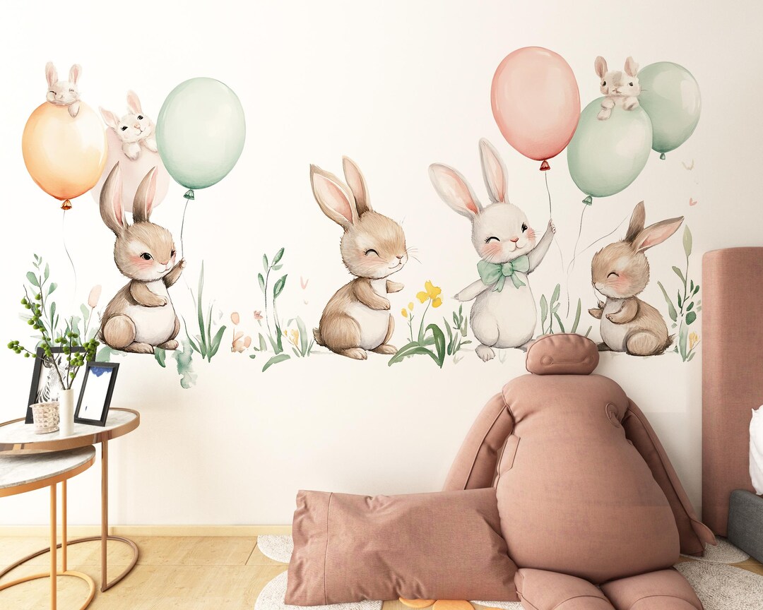 Bunny Wall Decal Nursery, Cute Rabbit Wall Sticker, Woodland Nursery ...