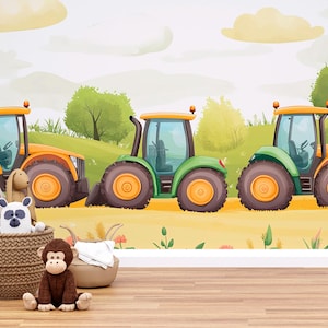 Tractor Wall Mural for Kids Room – Farm Theme Boys Bedroom Wallpaper – Cartoon Tractors Nursery Wall Art – Playroom Decor Vn627