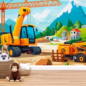Construction Site Wall Mural for Kids Room - Cartoon Digger Crane and Mountain Scene - Removable Wallpaper Vn438