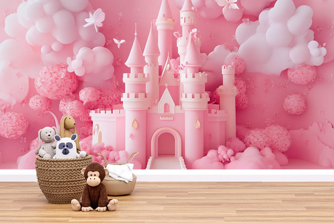 Princess Castle Wall Mural for Girls Room – Pink Fairytale Wallpaper ...