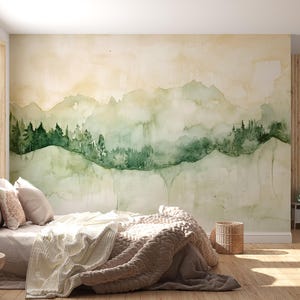Watercolor Mountain Forest Wallpaper Mural – Green Nature Wall Art for Bedroom, Removable Peel and Stick Landscape Decor Vn545